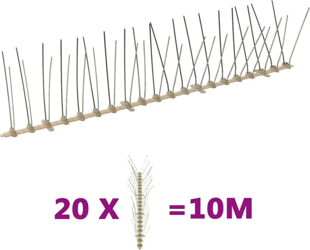 vidaXL Set bandă cu țepi antipăsări cu 4 rânduri 20 buc. plastic 10 m
