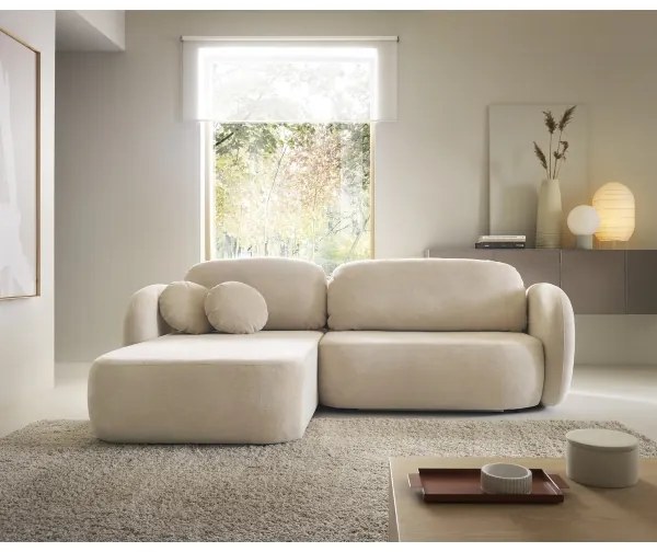 Canapea colțar extensibilă OLBIA în formă de L, cu spațiu de depozitare, pe partea stângă, bej