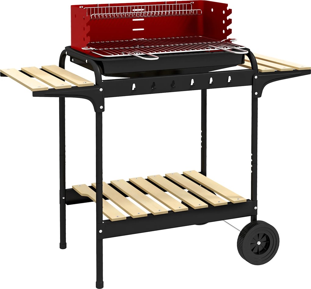 Outsunny Grătar cu Cărbuni, Roți si Grilaj cu Înălțime Reglabilă, 3 Rafturi și Tavă pentru Cenușă, 103x47x95 cm, Roșu | Aosom Romania