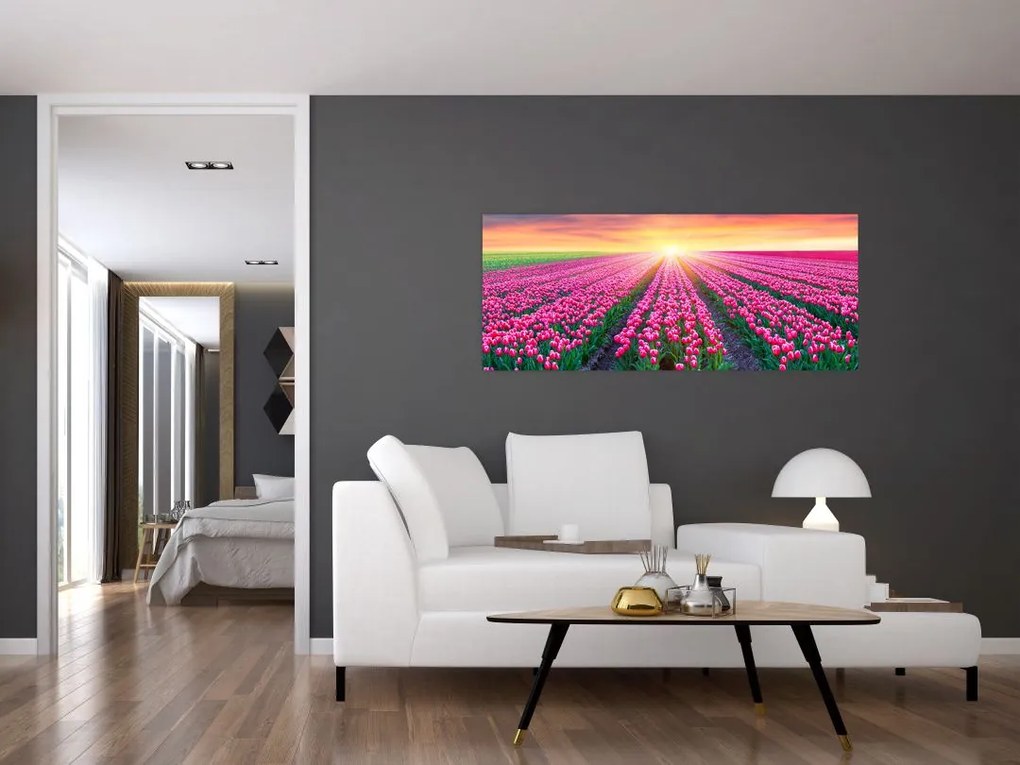 Tablou cu câmp de lalele cu soare (120x50 cm)