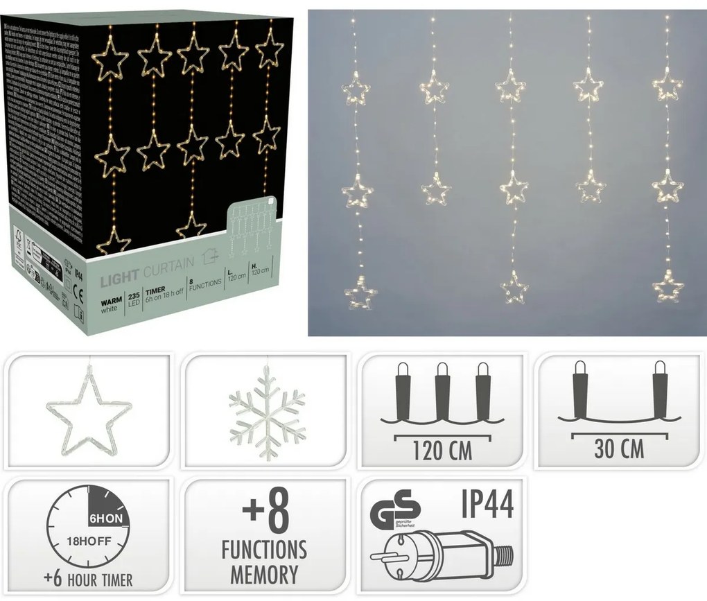 Perdea luminoasă pentru exterior Stars, 120x120cm,LED, alb cald, temporizator, 8 funcții, 120 cm