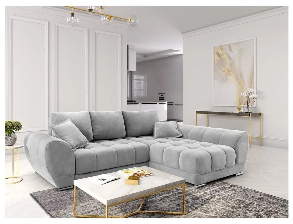 Colțar extensibil cu tapițerie de catifea și șezlong pe partea dreaptă Windsor &amp; Co Sofas Nuage, gri deschis