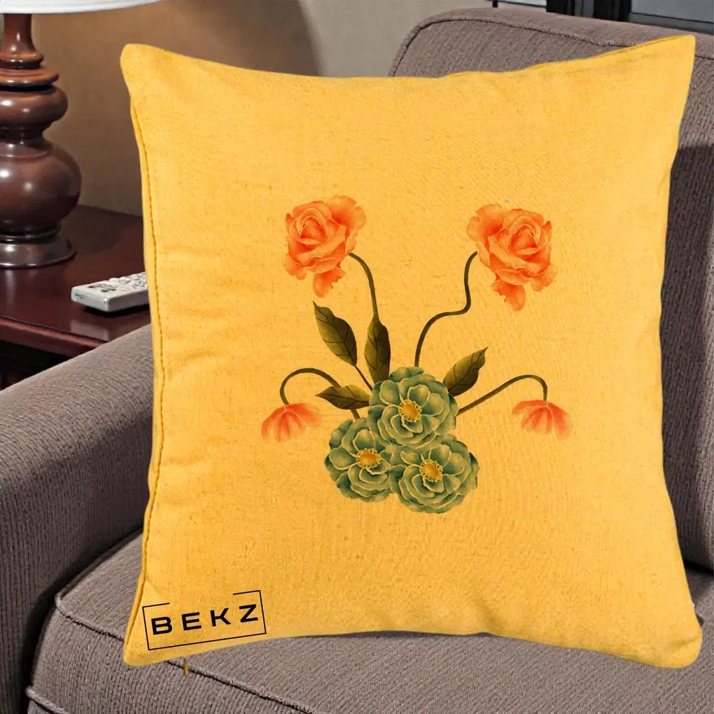 Perna Decorativa Trandafiri si Bujori Acuarela, 40x40 cm, Galben, Husa Detasabila, Perna Inclusa, BEKZ®