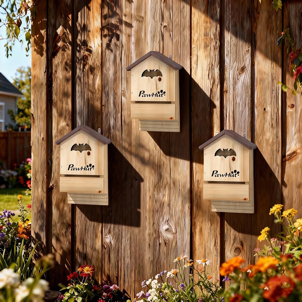 PawHut Set de 3 Căsuțe pentru Lilieci din Lemn de Brad, Adăpost pentru Lilieci pentru Grădină și Exterior, Ușor de Montat, 21.5x11.5x34 cm | Aosom Romania