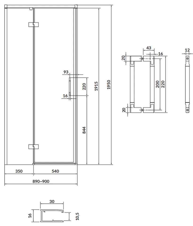 Usa sticla dus batanta 90x195 cm profil negru Cersanit Larga, montare stanga 900x1950 mm, Stanga, Negru mat