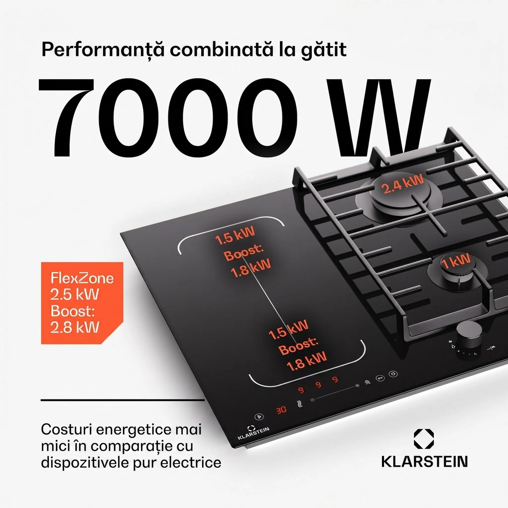 Klarstein MultiChef 4, plită cu inducție și gaz, 4 zone de gătit, 2 arzătoare cu gaz, 2 plite cu inducție, FlexZone