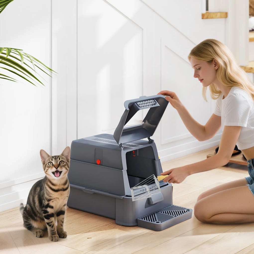 PawHut Litieră Închisă de 80L pentru Pisici cu Tavă Detașabilă, în ABS și Oțel Inoxidabil, 63x43x43 cm, Gri Închis | Aosom Romania