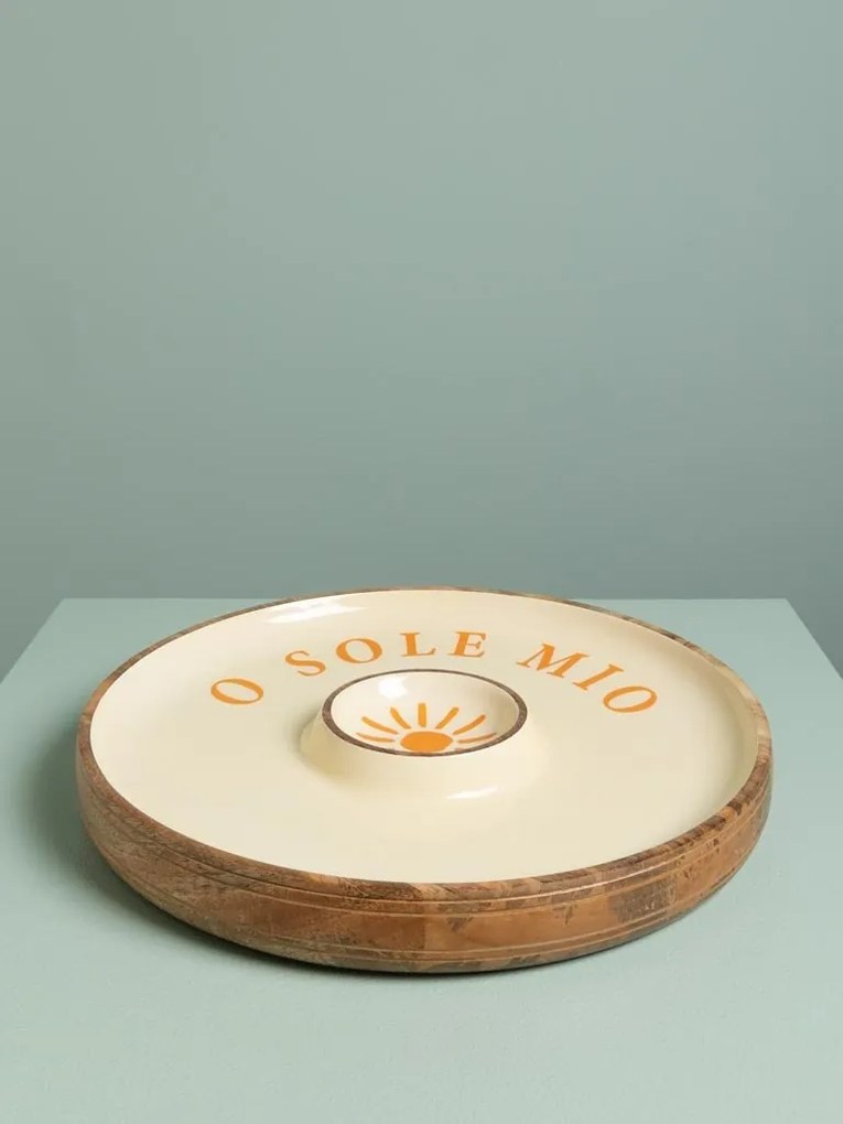Platou servire din lemn de mango , cu compartiment sos , " O sole mio "