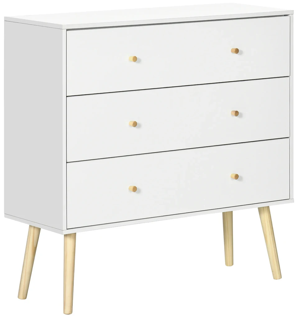 Comoda cu 3 sertare cu manere din PAL si lemn de pin pentru camera de zi si dormitor, 80x30x80 cm, alb HOMCOM | Aosom Romania