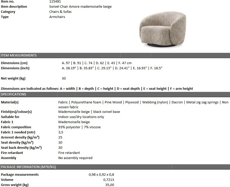 Fotoliu pivotant design elegant LUX Amore, bej mademoiselle 115481 HZ