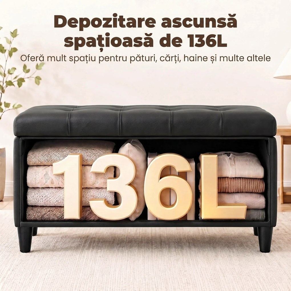 HOMCOM Bancă cu depozitare 136 L, taburet cu ladă 110x41x42 cm, piele ecologică pet-friendly, negru | Aosom Romania