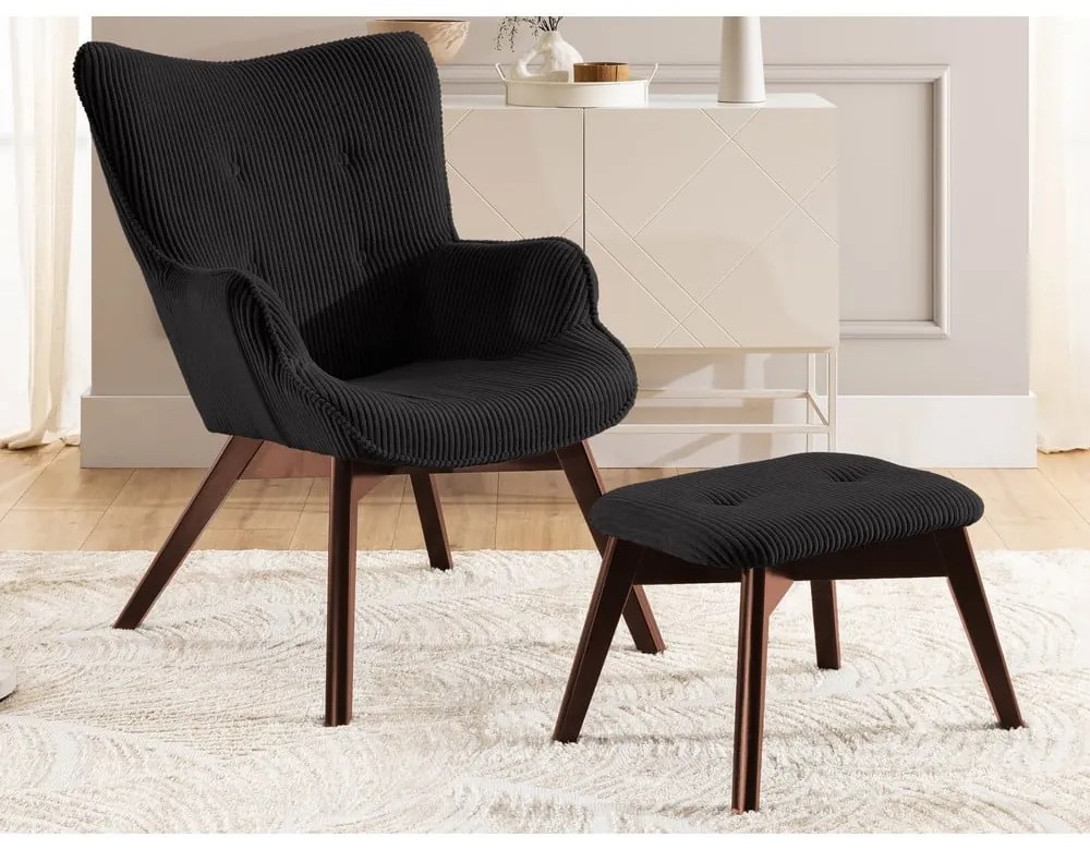 Fotoliu cu taburet negru cu tapițerie din catifea reiată Niko – Ropez