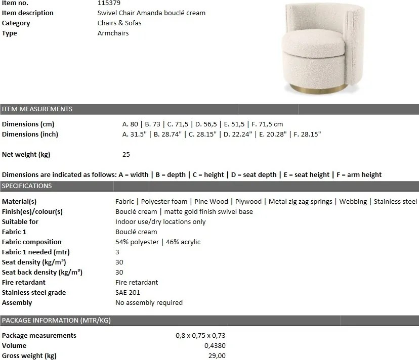 Fotoliu pivotant design elegant Amanda, boucle crem 115379 HZ