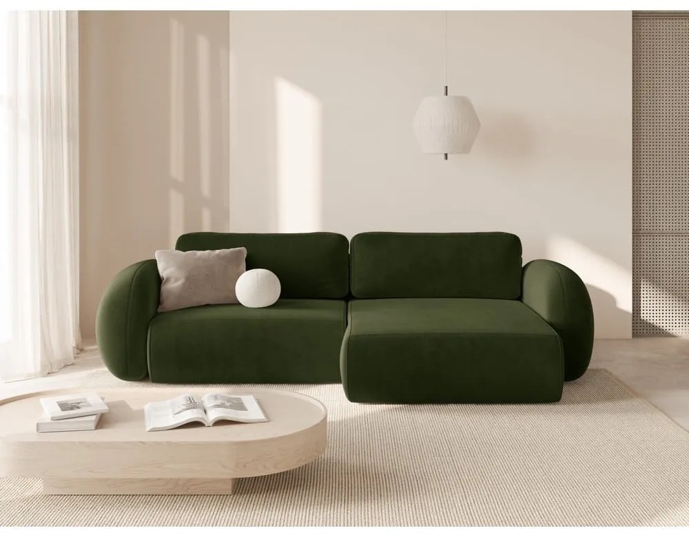 Colțar verde extensibil/cu spațiu de depozitare cu tapițerie din catifea Tonale – Cosmopolitan Design