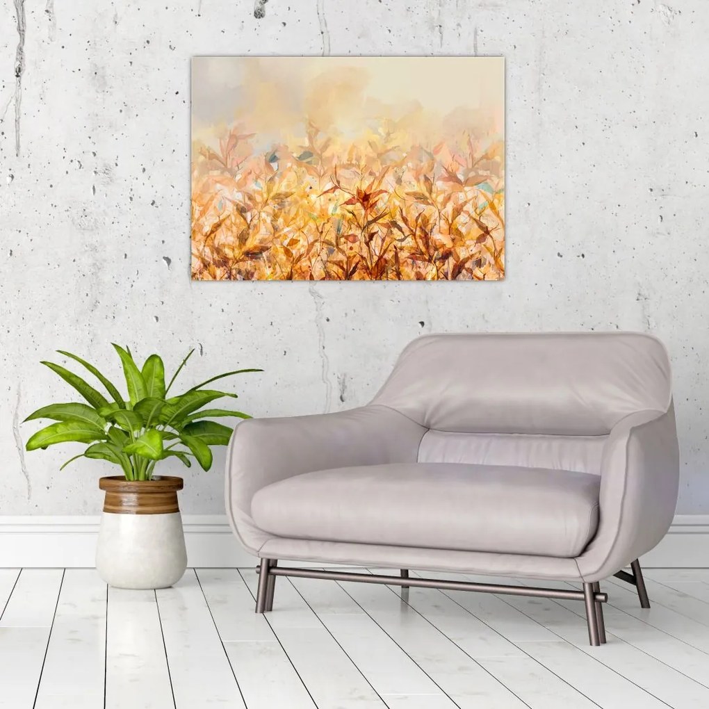 Tablou pe sticlă - Frunze în culori de toamnă, pictură în ulei (70x50 cm)