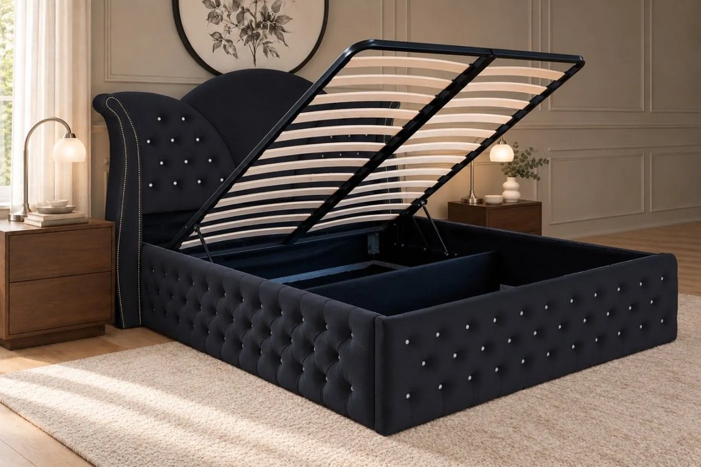 Pat tapițat Chesterfield din catifea Velora Deluxe 140×200 cm, negru, cu ladă de depozitare
