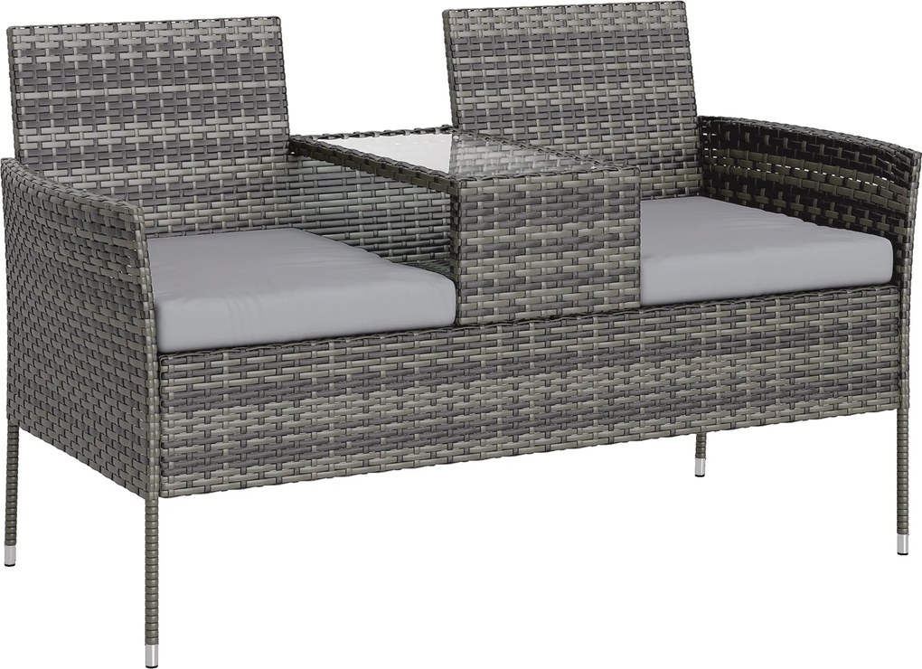 Outsunny Bancă de Grădină cu 2 Locuri din Rattan și Oțel, Bancă de Exterior cu Perne și Măsuță Centrală cu Blat din Sticlă Securizată, 135x64x81 cm, Gri Închis | Aosom Romania