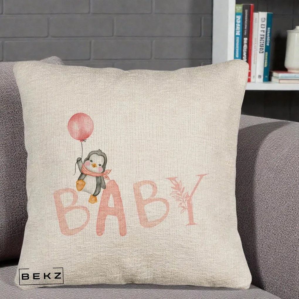 Perna Personalizata Baby Pinguin Roz, 40x40 cm, Bej Canapea, Husa Detasabila, Perna Inclusa, BEKZ®