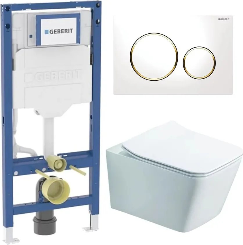 Rezervor WC cu cadru incastrat Geberit Duofix UP320 cu sistem de fixare, clapeta de actionare Sigma20 alb-auriu plus vas WC Rune Jord alb cu capac softclose