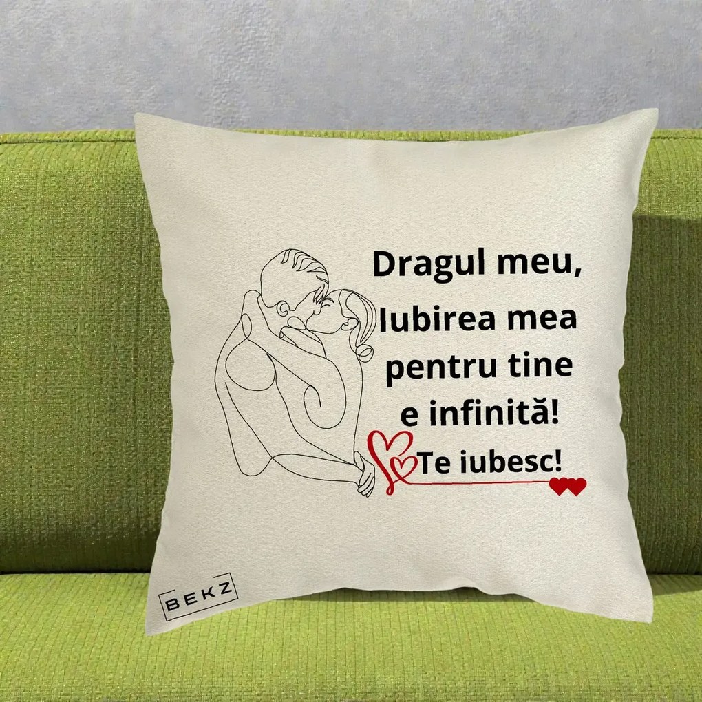 Cadou pentru Iubit - Perna Personalizata Dragul Meu Iubirea Mea pentru Tine e Infinita Te Iubesc, 40x40 cm, Ecru, Husa Detasabila, Perna Inclusa, BEKZ®