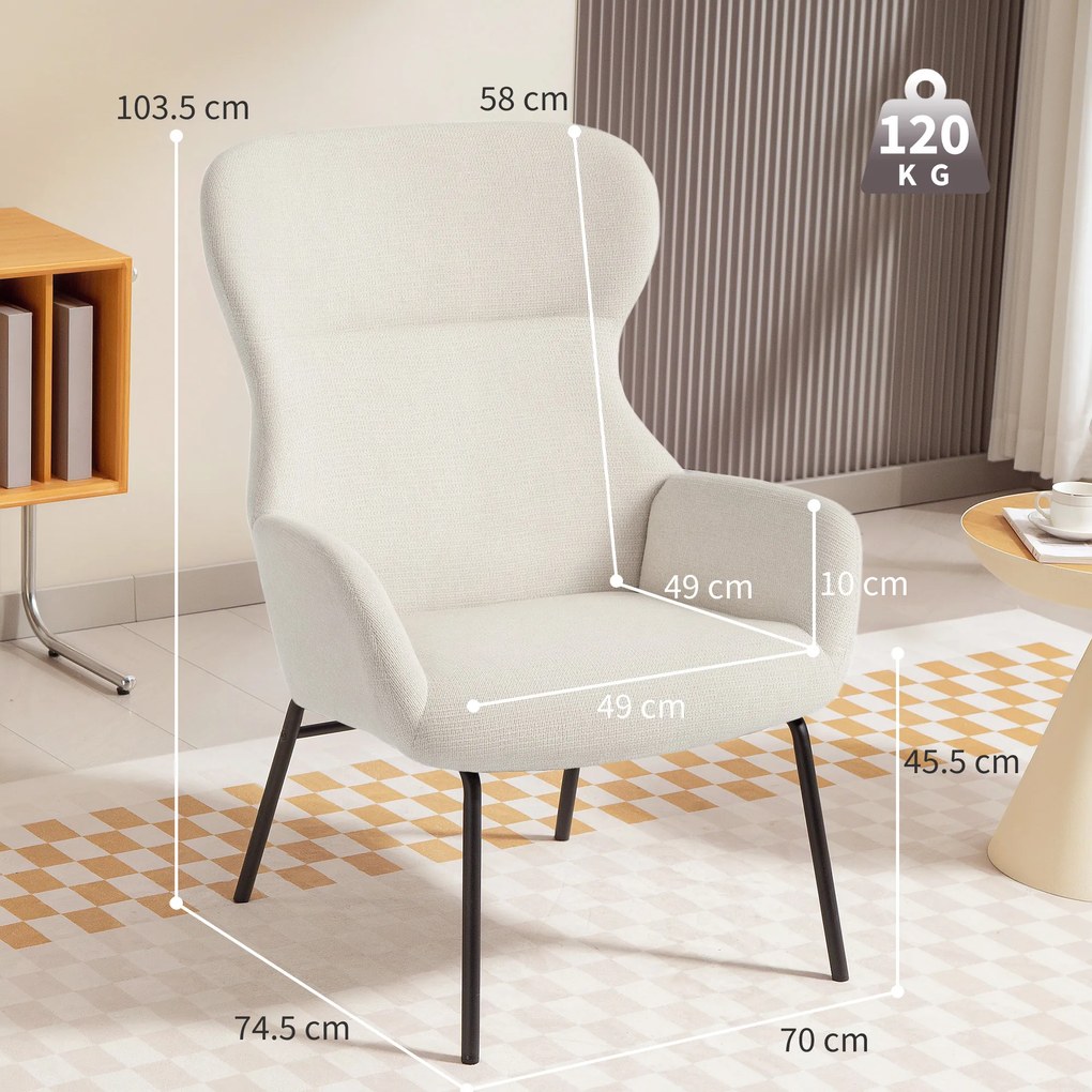 HOMCOM Scaun tapițat modern în stil cu urechi, spătar înalt, căptușeală groasă, picioare din oțel, alb-crem | Aosom Romania