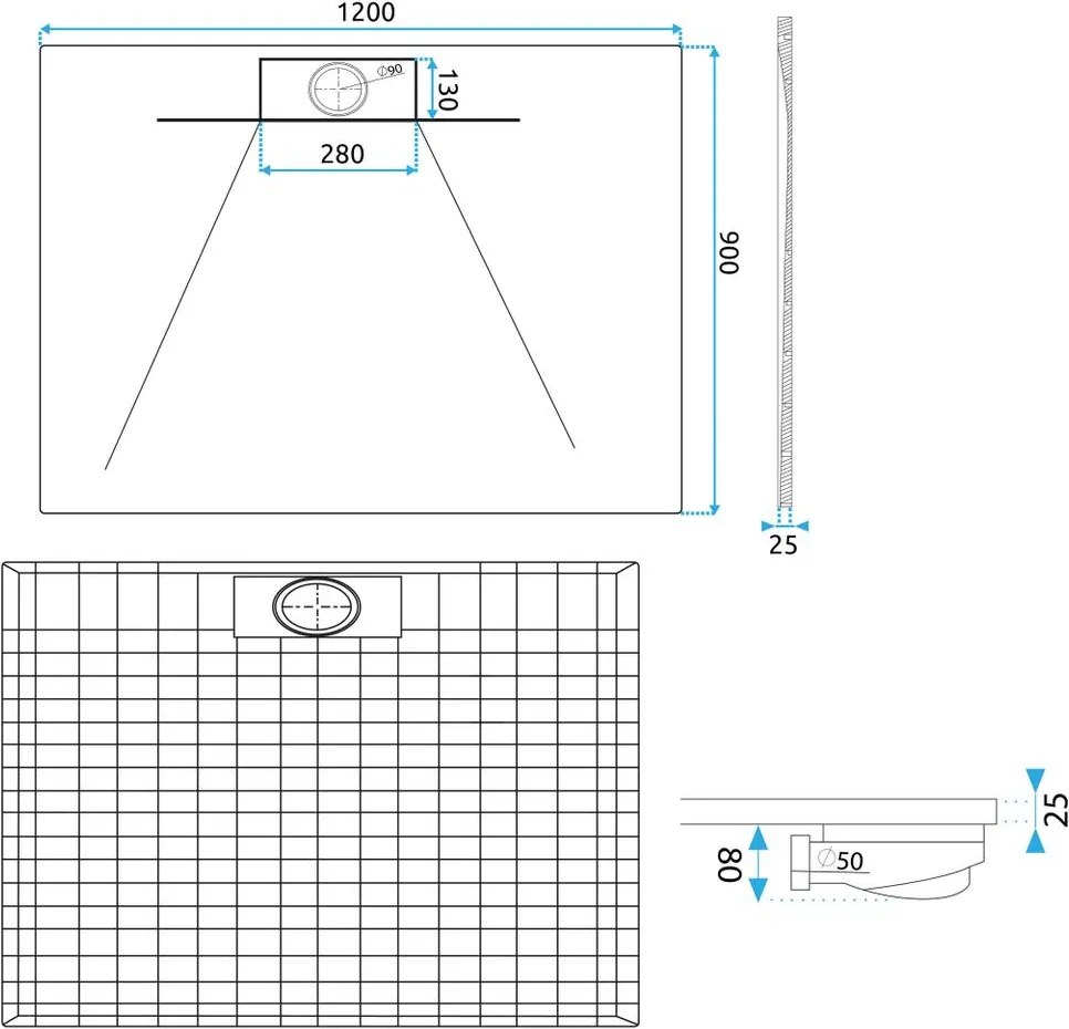 Cadita de dus Bazalt Long 90x120 cm alb