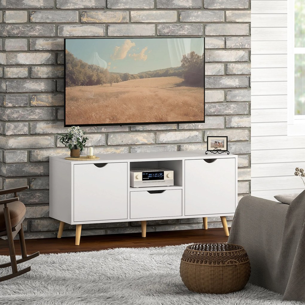 HOMCOM Mobilier TV de 50" cu Sertar, Raft Deschis și 2 Dulapuri, Mobilier TV cu 5 Picioare din Lemn, 110x40x50 cm, Alb | Aosom Romania