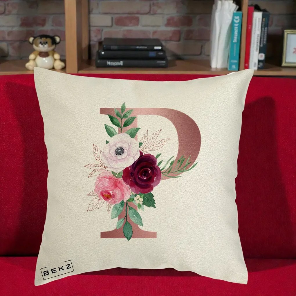 Cadou Personalizat - Perna Personalizata Monograma Rose Gold Litera P, 40x40 cm, Ecru, Husa Detasabila, Perna Inclusa, BEKZ®