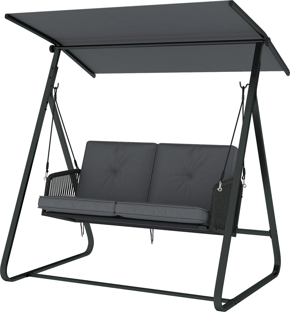 Outsunny Balansoar de grădină pentru 2 persoane din rășină împletită, leagăn exterior cu acoperiș reglabil și pernă groasă, gri | Aosom Romania