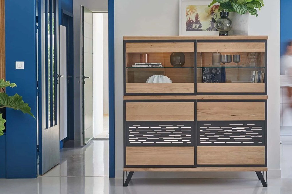 Vitrină stejar masiv Edge Personalizabilă, 148 × 42 × 155 cm - Tabac
