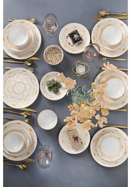 Set veselă 24 piese din ceramică, alb cu accente aurii