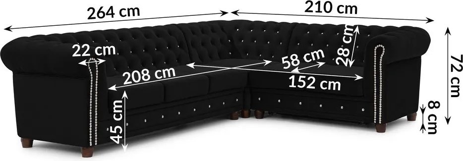Colțar negru extensibil cu tapițerie din catifea (cu colț pe partea dreaptă/în formă de ”L”) York Blik – Ropez