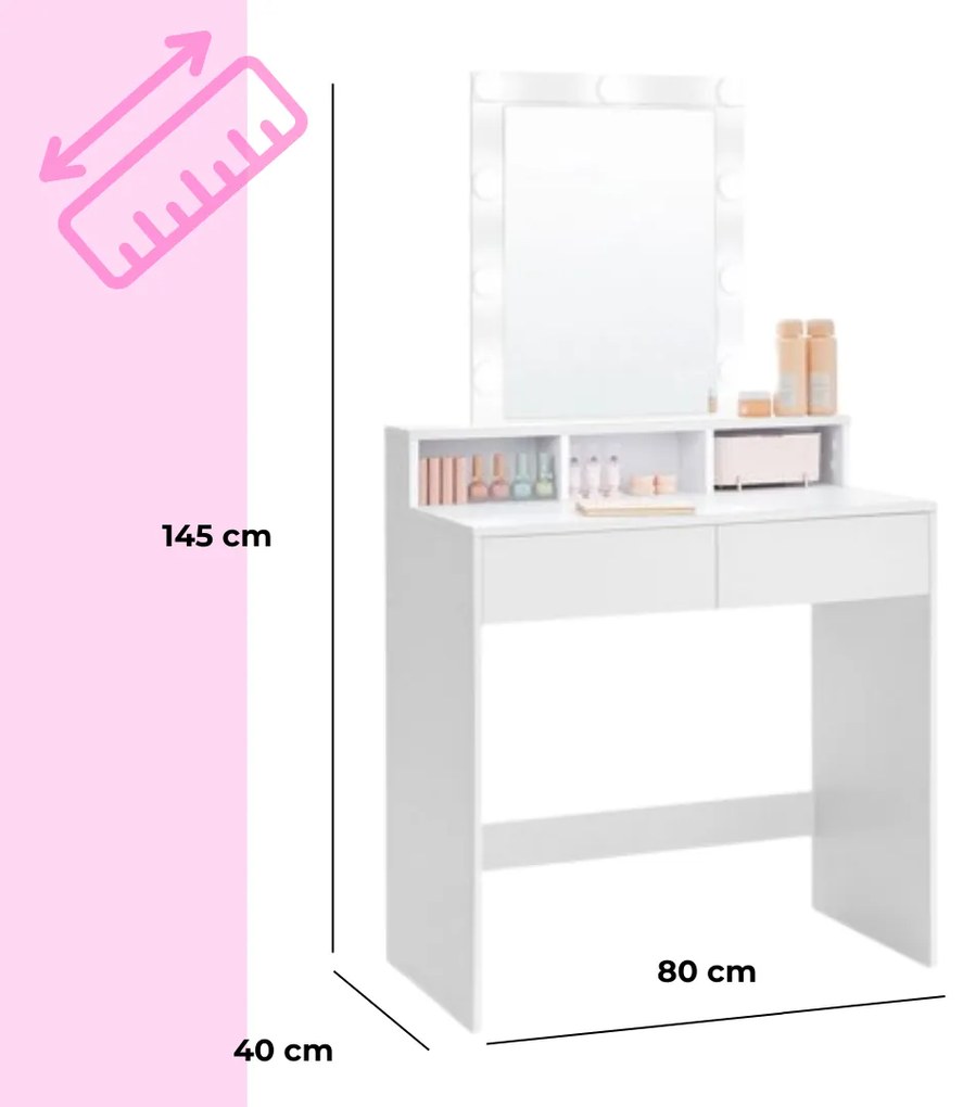 Măsuță de toaletă VANESA cu iluminare, 80x40x145cm, albă Jurhan