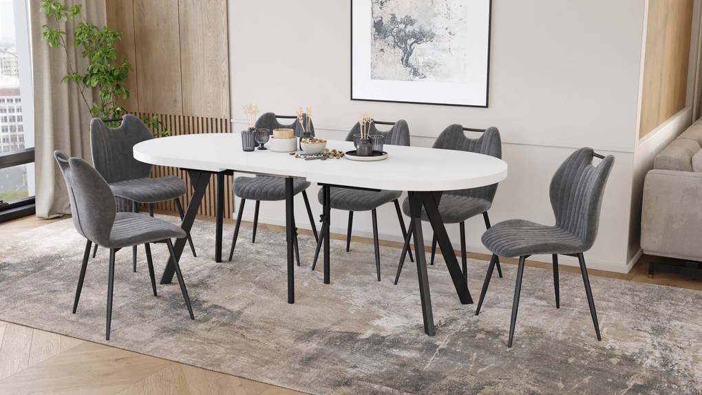 Mazzoni Masă ovală extensibilă EXPANSO Alb Mat / picioare negre