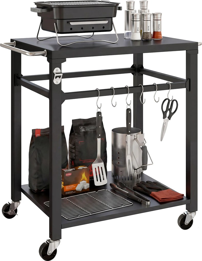 Outsunny Servantă de grădină cărucior de grătar pe roți cu cârlige, mânere, roți blocabile, 90,5x55x88 cm, negru | Aosom Romania