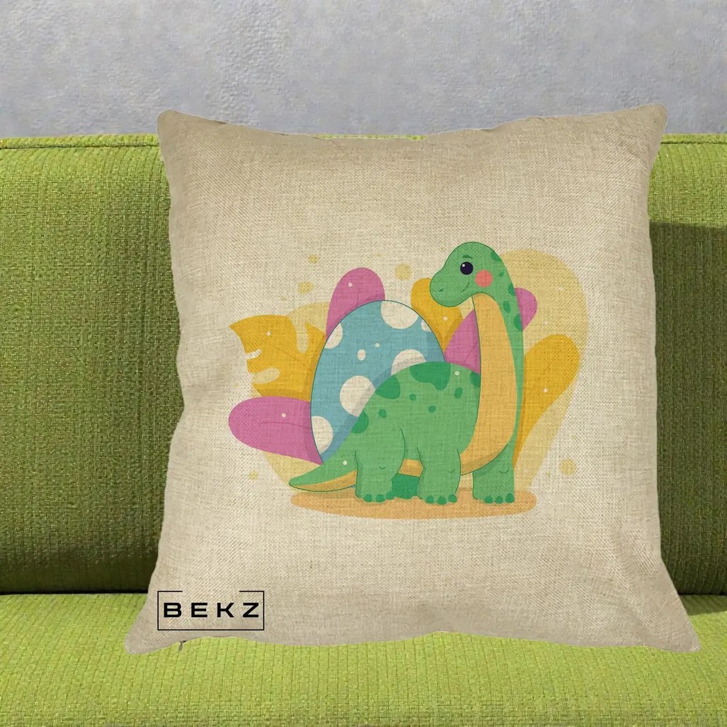 Perna Personalizata Dinozaur cu Ou Pastelat, 40x40 cm, Crem, Husa Detasabila, Perna Inclusa, BEKZ®