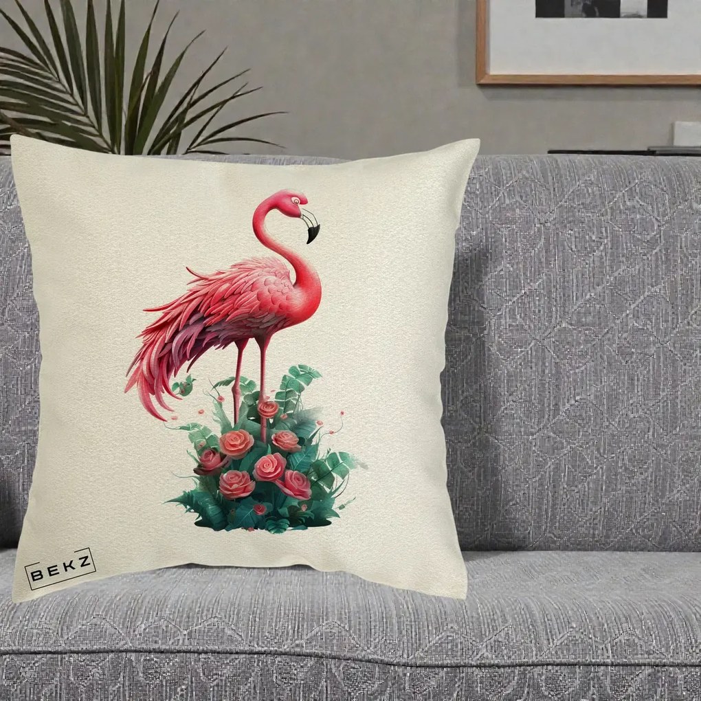 Perna Decorativa Flamingo cu Trandafiri Tropicali, 40x40 cm, Ecru, Husa Detasabila, Perna Inclusa, BEKZ®