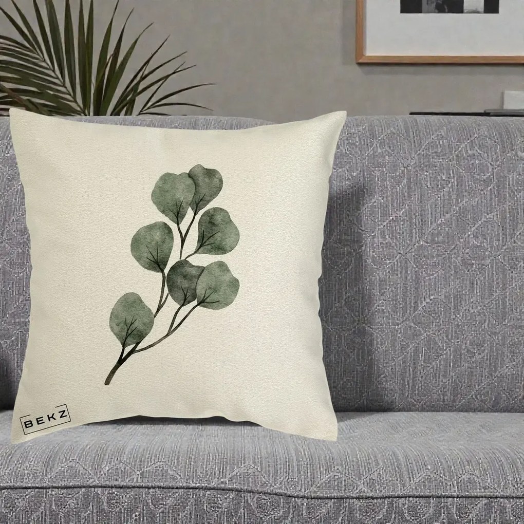 Perna Decorativa Ramura Eucalipt Acuarela, 40x40 cm, Ecru, Husa Detasabila, Perna Inclusa, BEKZ®