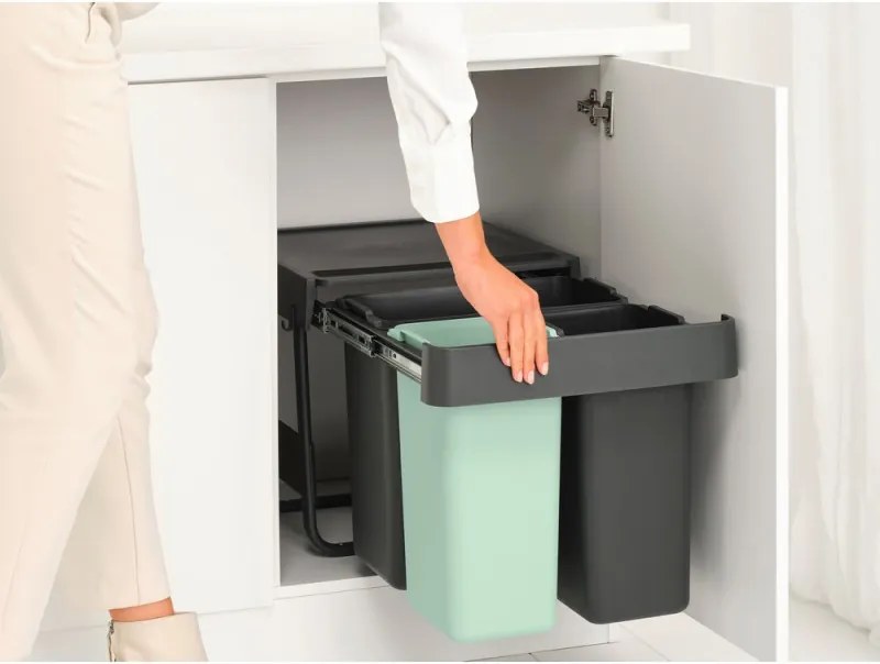 Cos colectare selectiva Brabantia Sort&Go 1008864, 2x10 L+20 L, Materiale ecologice, Economie de spatiu, Gri închis/Verde