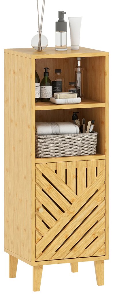 HOMCOM Dulap de baie, corp de depozitare cu 1 dulap, 2 compartimente deschise, 32 x 30 x 90 cm, efect lemn natural | Aosom Romania