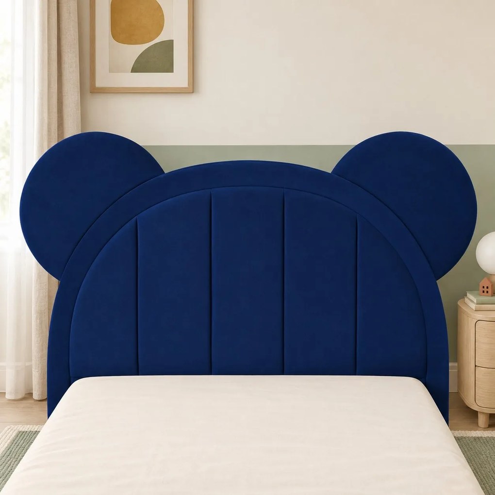 Pat tapițat pentru copii din catifea Varen 100×200 cm, bleumarin, cu ladă de depozitare
