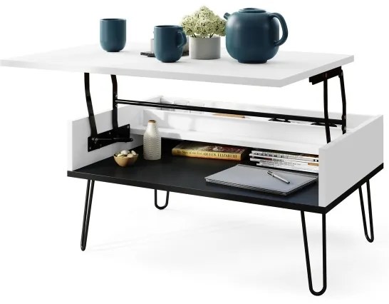 Masă de cafea HALIJA cu blat rabatabil și raft, alb/negru