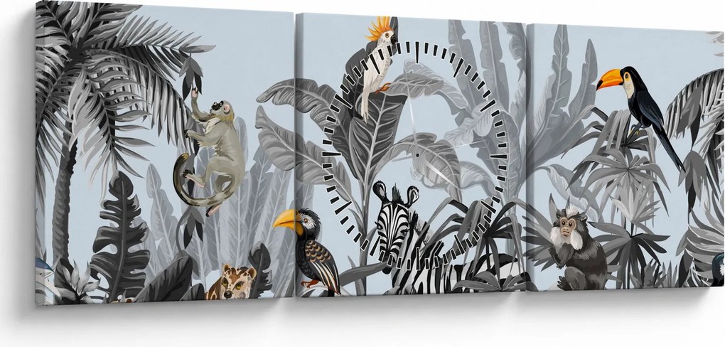 Tablou - Animale în pădurea tropicală (cu ceas) (90x30 cm)