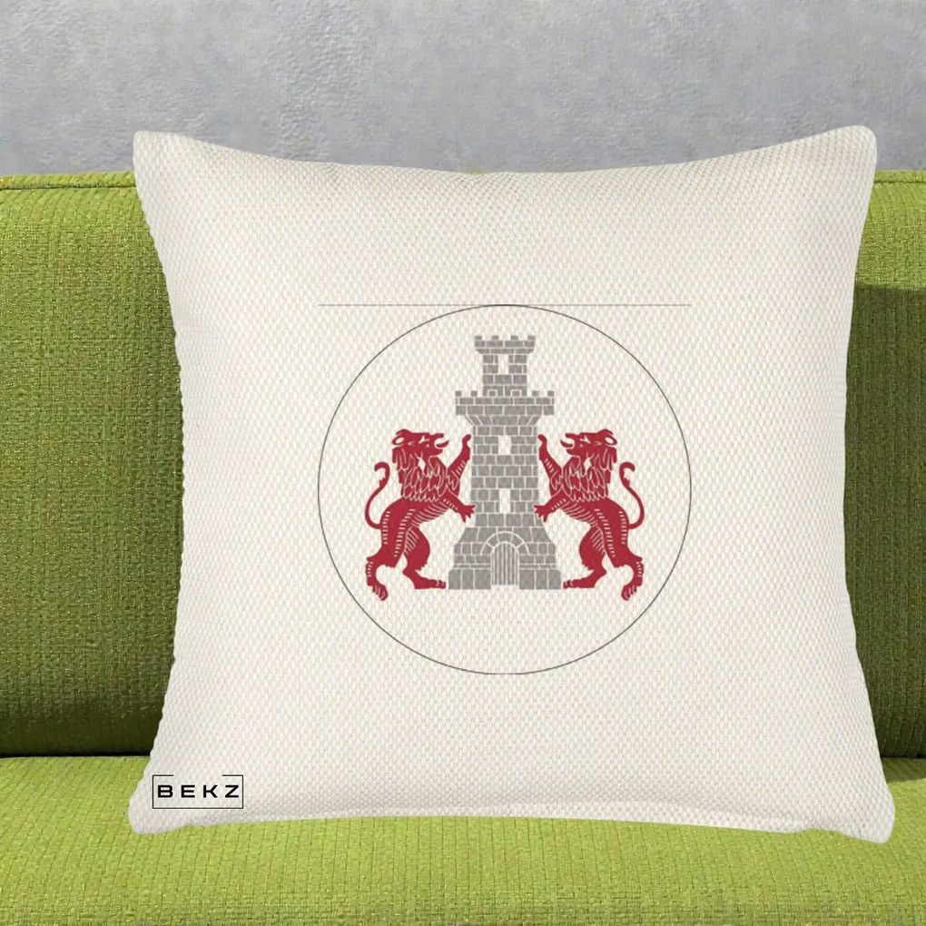 Perna Personalizata Cetatea Turnu Magurele Heraldic, 40x40 cm, Crem Reliefat, Husa Detasabila, Perna Inclusa, BEKZ®