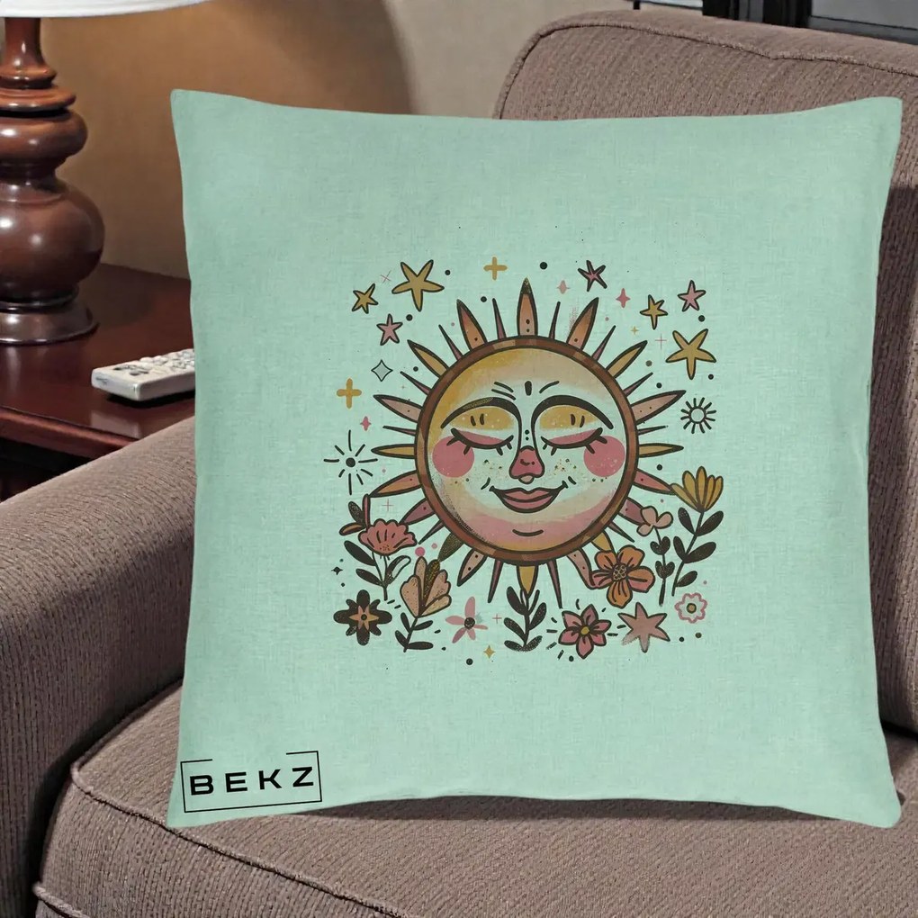 Perna Decorativa Soare Retro Boho Floral, 40x40 cm, Verde Menta, Husa Detasabila, Perna Inclusa, BEKZ®