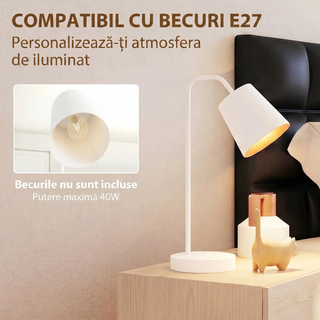 HOMCOM Set de 2 Veioze Moderne din Oțel cu Porturi USB, Soclu E27, Bec Neinclus, Alb | Aosom Romania
