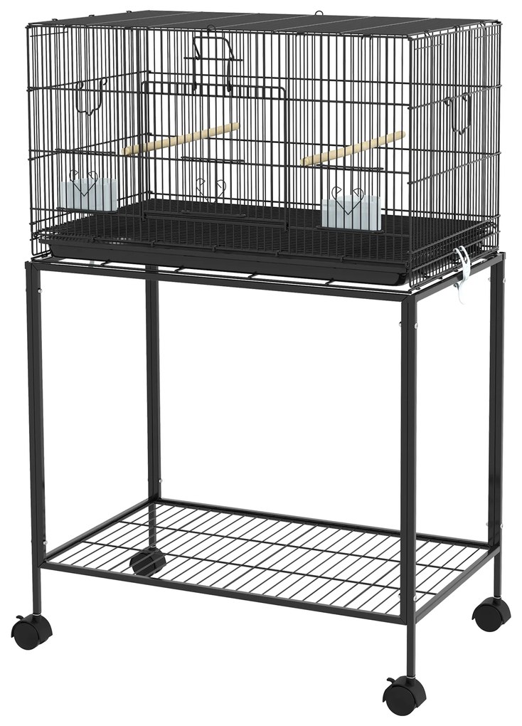 PawHut Colivie pentru Pasari cu Rotile 77x46x119 cm Cusca Metalica pentru Pasari cu Tava Detasabila 2 Suporturi 2 Hranitoare Negru | Aosom Romania
