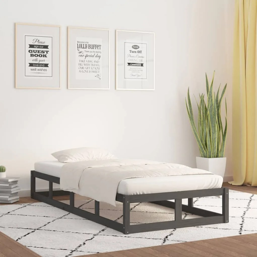820828 vidaXL Cadru de pat single 3FT, gri, 90x190 cm, lemn masiv