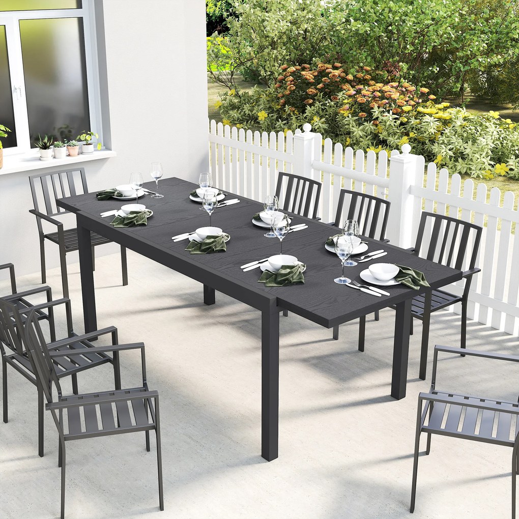 Outsunny Masă de Grădină Extensibilă Blat Aluminiu Efect Lemn Picioare Reglabile 8-10 Persoane 214x85x75cm Gri Antracit | Aosom Romania