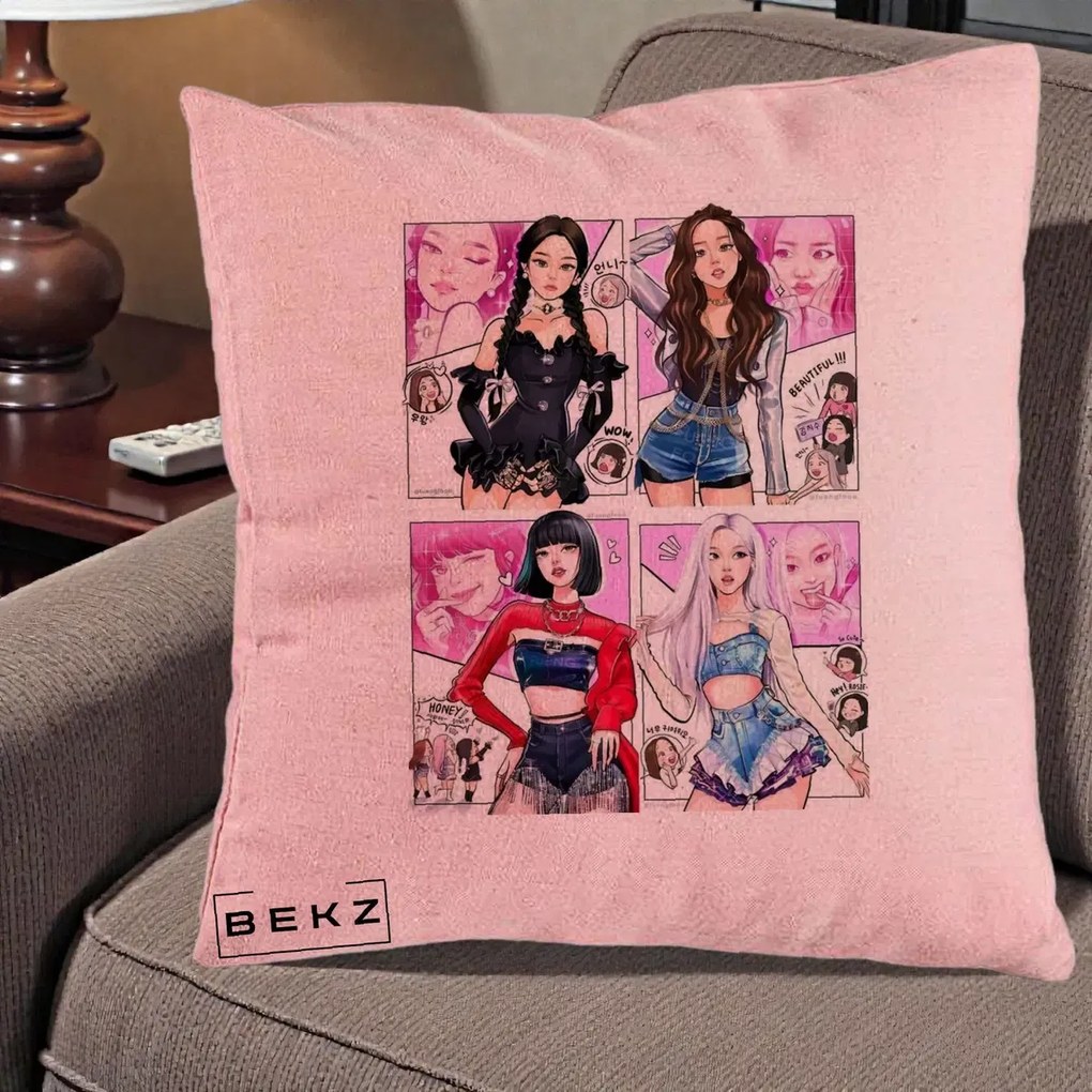 Perna Personalizata K-pop BLACKPINK Fanart Manga Benzi Desenate 4 Membre, 40x40 cm, Roz, Husa Detasabila, Perna Inclusa, BEKZ®